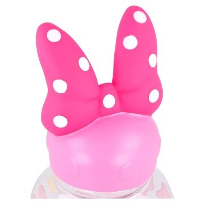 Tampa cor-de-rosa com laço cor-de-rosa e pontos brancos numa garrafa de vidro