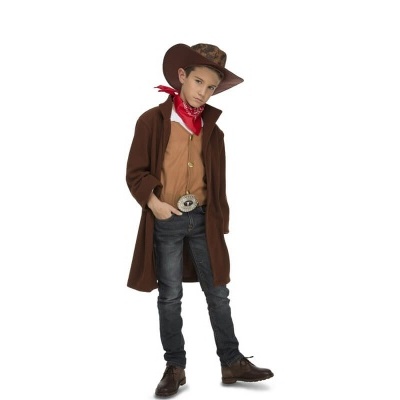 Criança vestida de cowboy com chapéu, casaco e calças de ganga