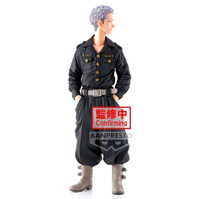 Figura colecionável de personagem masculino com fato preto e cabelo cinzento