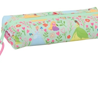 Estojo retangular colorido com padrão floral e figuras de princesas