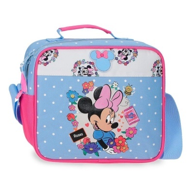 Lancheira azul e rosa com estampa de Minnie Mouse e flores