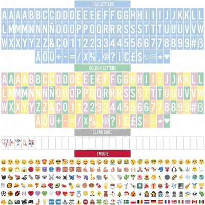 Cartões com letras azuis e coloridas, cartões em branco e emojis coloridos organizados em linhas