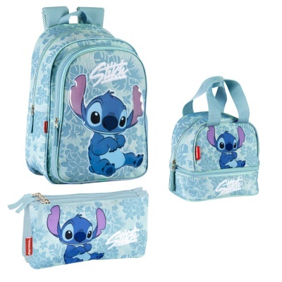 Conjunto de mochila, lancheira e estojo azul com personagem Stitch e padrão floral