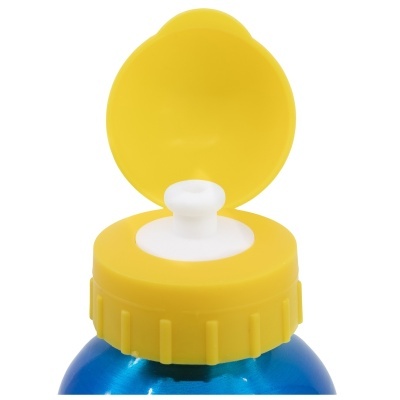 Garrafa azul com tampa amarela e bico branco