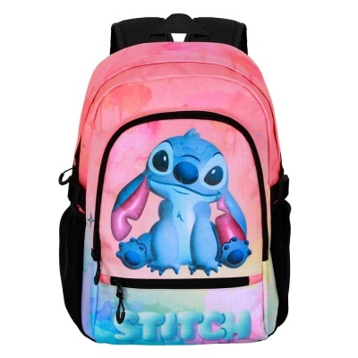 Mochila infantil rosa com estampa do Stitch azul e texto STITCH