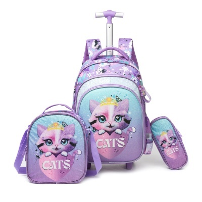 Conjunto lilás de mochila de rodinhas, bolsa e estojo com gato rosa e texto CATS