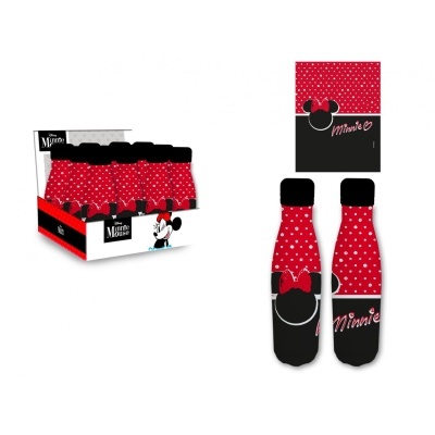 Meias infantis Minnie em vermelho com pontos brancos e gráfico preto da cabeça da Minnie com laço vermelho