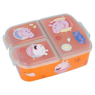 Tupperware laranja com tampa de compartimentos e decoração Peppa Pig