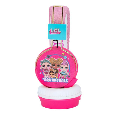 Auriculares pink e brancos LOL SURPRISE! com personagens e texto #SQUADGOALS