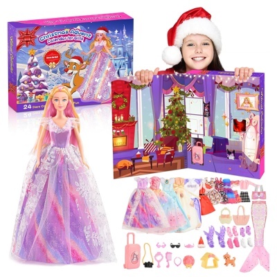 Calendário de advento com boneca, acessórios de roupa e caixa de Natal roxa