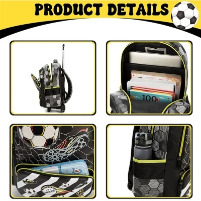 Mochila preta com padrão hexagonal e detalhes amarelos com rodinhas e bolsos