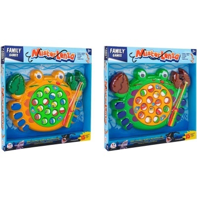 Dois jogos de pesca magnética de sapo em plástico colorido em embalagem de cartão azul