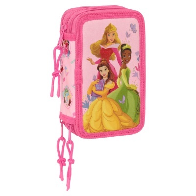 Estojo escolar rosa com ilustrações de princesas Disney