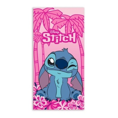 Toalha rosa com desenho do Stitch azul e palmeiras rosas