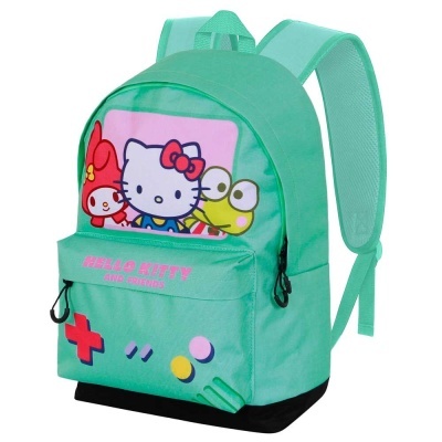 Mochila verde água com personagens Hello Kitty, My Melody e Keroppi e texto HELLO KITTY AND FRIENDS