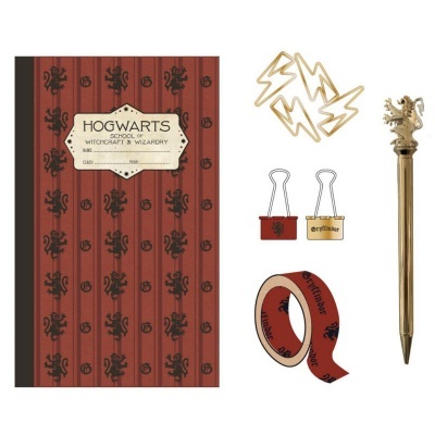 Conjunto de papelaria de Hogwarts com caderno, clipes, prendedores e caneta