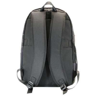 Mochila cinzenta escura vista de trás com alças almofadadas e alça superior