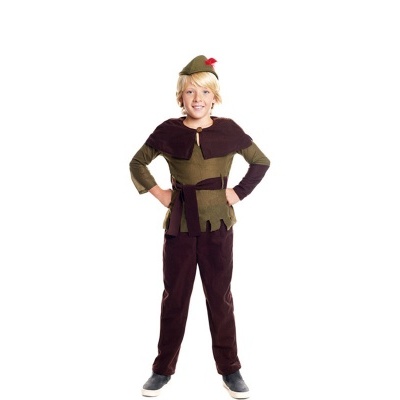 Criança com fato de Robin dos Bosques verde e castanho