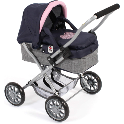 Carrinho de bebé azul escuro e cinza com estrutura metálica prateada