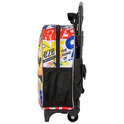 Mochila colorida com rodinhas e bolso lateral em rede preta vista de lado