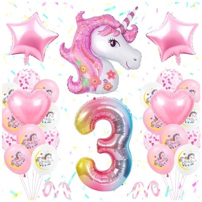 Conjunto de balões coloridos com tema de unicórnio e número 3 para festa infantil