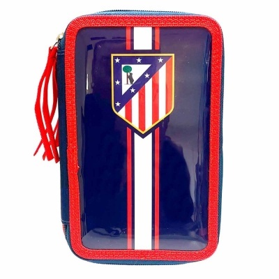 Estojo azul escuro com emblema do Atlético de Madrid e rebordos vermelhos