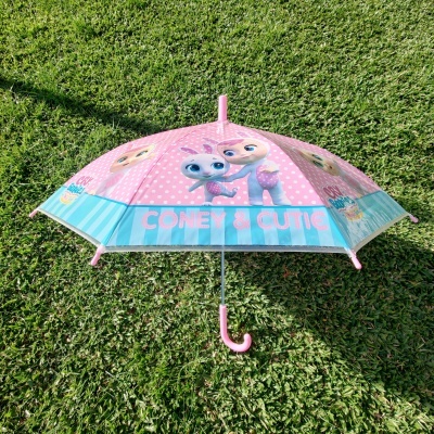 Guarda-chuva cor-de-rosa com figuras animadas e texto CONEY & CUTIC