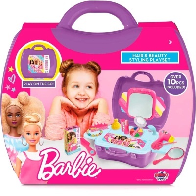 Brinquedo Barbie Hair & Beauty maleta cor-de-rosa e lilás com acessórios de beleza e criança sorridente na embalagem