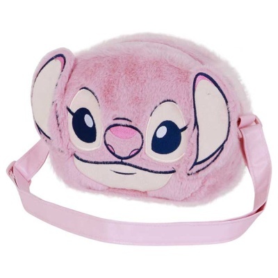 Bolsa pelúcia rosa com rosto de personagem animado e alça ajustável