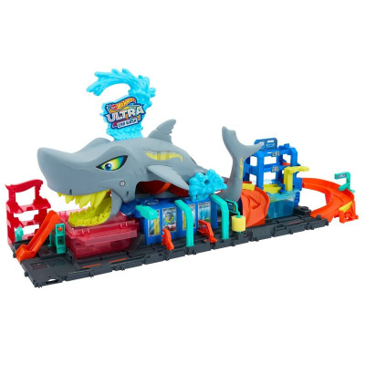 Brinquedo Hot Wheels Ultra Car Wash com tubarão e pista colorida