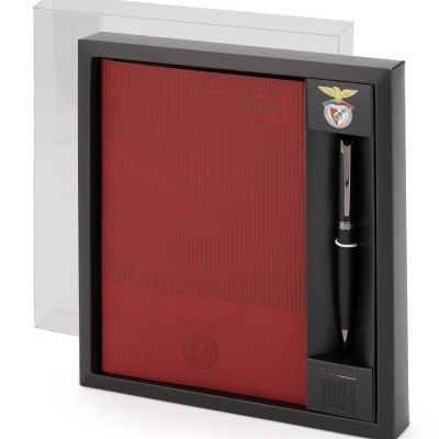 Conjunto de papelaria SL BENFICA com caderno e caneta em caixa preta com tampa transparente