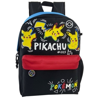 Mochila preta com estampas coloridas de Pikachu e texto PIKACHU e POKÉMON