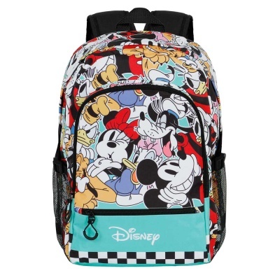 Mochila Disney com personagens coloridos e bolso frontal azul claro