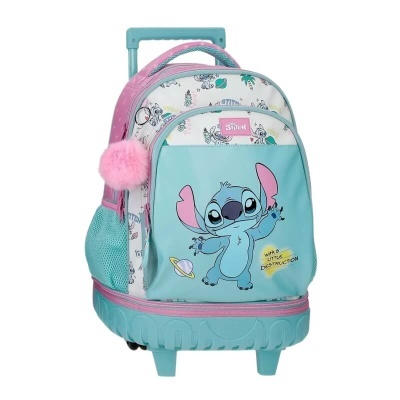Mochila de criança com estampa Stitch, rosa e azul claro, com rodas e pompom rosa