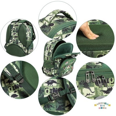 Mochila infantil camuflada verde com padrão de dinossauros e detalhes em zíper