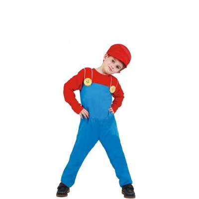 Fato de carnaval infantil azul e vermelho com boné vermelho