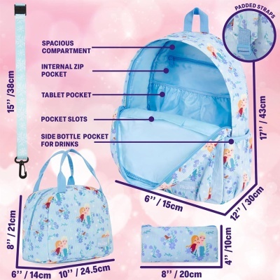 Mochila azul com personagens Frozen e padrões florais, mostrando compartimentos internos e alças almofadadas.