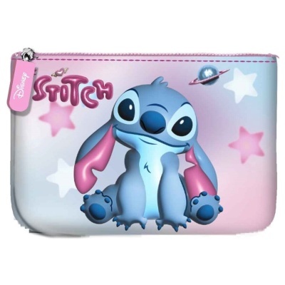 Estojo com estampa do personagem Stitch da Disney, fundo com estrelas e planeta, fecho rosa.