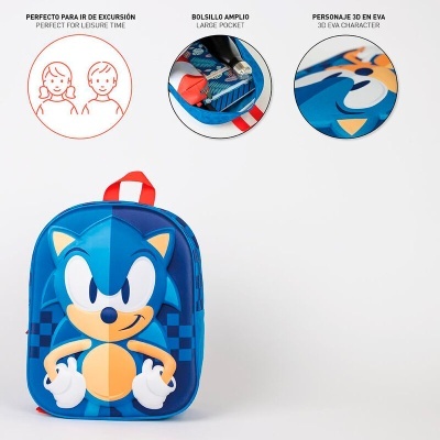 Mochila azul do Sonic com personagem 3D em EVA e bolso amplo.