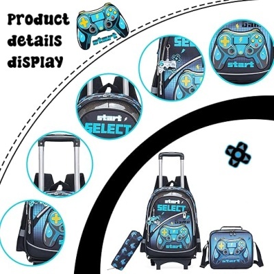 Conjunto de mochila de rodas, estojo e bolsa com padrão gráfico de comandos de jogo.