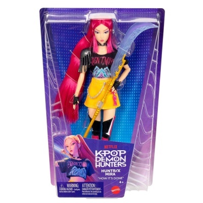 Boneca de ação KPOP Demon Hunters Huntr/x Mira em embalagem plástica roxa e azul
