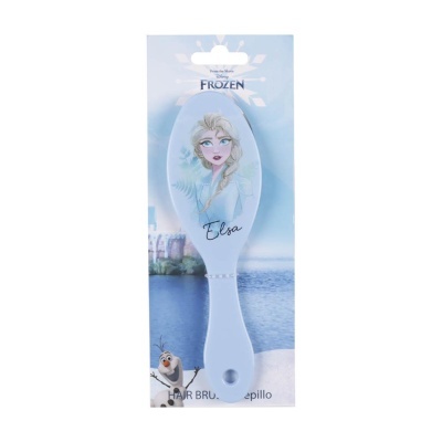 Escova de cabelo branca com a personagem Elsa e embalagem azul do Frozen