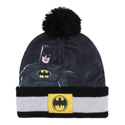 Gorro de malha Batman preto e cinza com pompom e símbolo amarelo