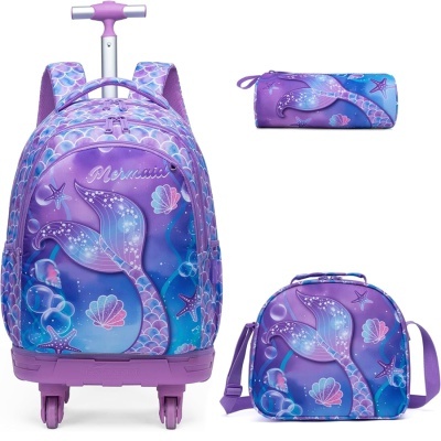 Conjunto de mochila com rodas, estojo e bolsa tiracolo com padrão de sereia em roxo e azul