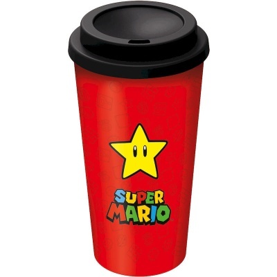 Copo de viagem vermelho com tampa preta e decoração Super Mario