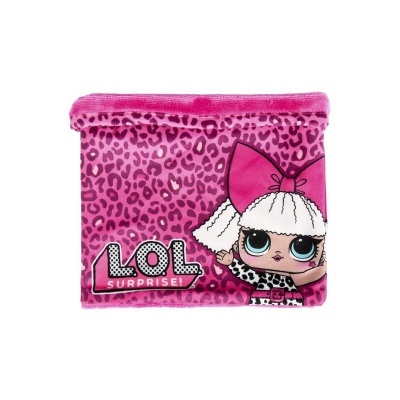 Cachecol rosa LOL Surprise com padrão de leopardo e personagem de boneca