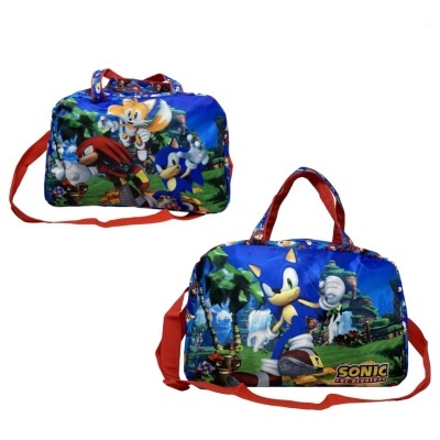 Duas bolsas azuis com personagens do Sonic e alças vermelhas