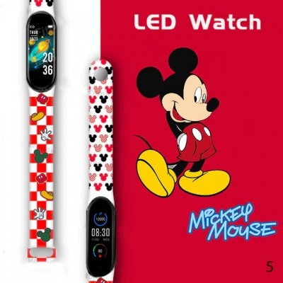 Relógios LED com braceletes temáticas da Minnie e Mickey Mouse e fundo vermelho com texto