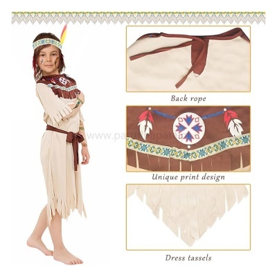 Fato infantil indígena bege com franjas e detalhes coloridos.