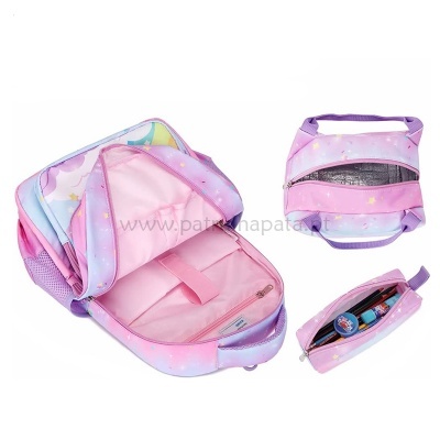 Mochila, lancheira e estojo escolares rosa e lilás com padrão de estrelas